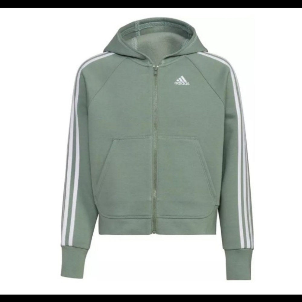 NWT Girls Adidas Zip Up Sweatshirt Hooded Fleece Silver Green